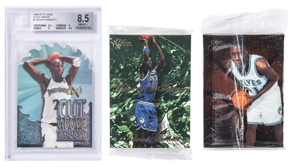 Lot Of (3) 1995-97 Basketball Cards Including 2 Unopened Flair Hobby Packs & E-X2000 A Cut Above #1 Kevin Garnett - BGS NM-MT+ 8.5